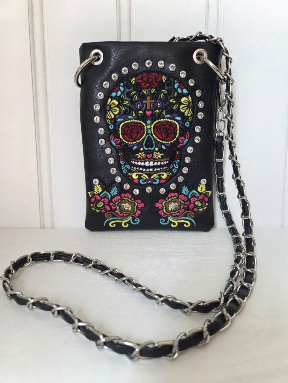 P&G Sugar Skull Crossbody Faux Leather Bag Colorful Embroidered Chain Strap